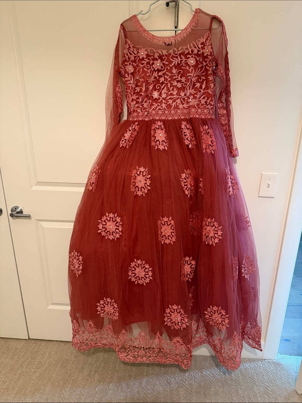 Embroidered Red Tulle Ball Gown